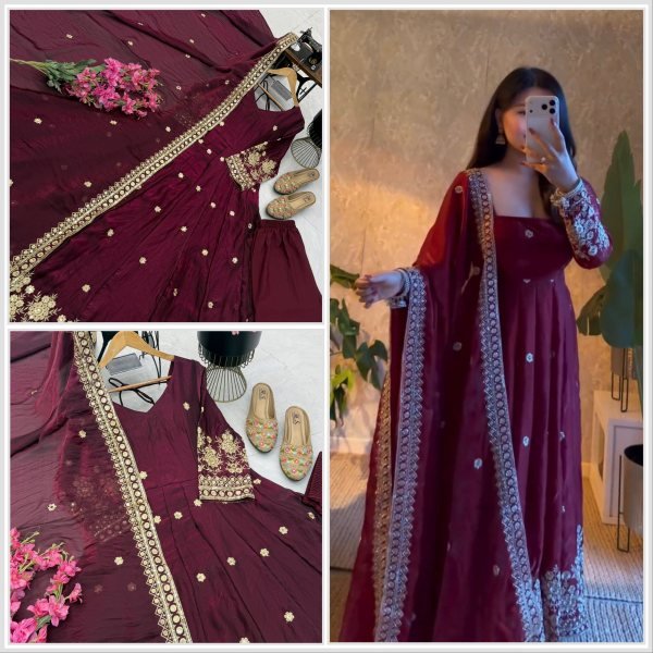 Flawless Wine Fully Stitched Fendy Silk Gown Pant Dupatta Set for Wedding Ready To Wear Collection