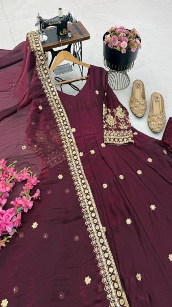 Flawless Wine Fully Stitched Fendy Silk Gown Pant Dupatta Set for Wedding Ready To Wear Collection