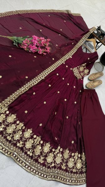 Flawless Wine Fully Stitched Fendy Silk Gown Pant Dupatta Set for Wedding Ready To Wear Collection