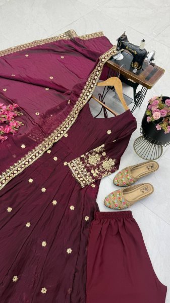Flawless Wine Fully Stitched Fendy Silk Gown Pant Dupatta Set for Wedding Ready To Wear Collection