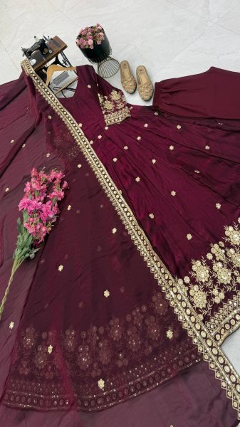 Flawless Wine Fully Stitched Fendy Silk Gown Pant Dupatta Set for Wedding Ready To Wear Collection