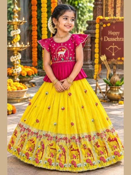 Flawless Yellow Kids Designer Peplum Lehenga Choli with Multi Thread Embroidery Kurtis