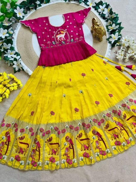 Flawless Yellow Kids Designer Peplum Lehenga Choli with Multi Thread Embroidery Girls Wear
