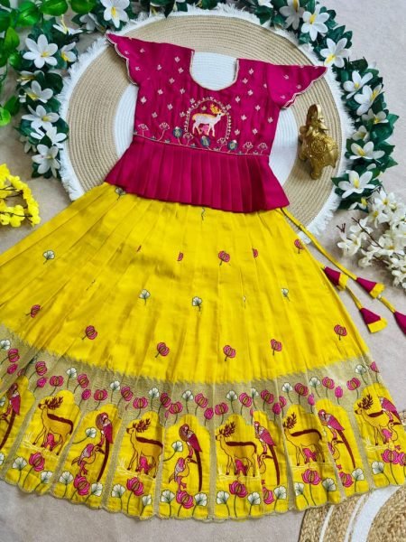 Flawless Yellow Kids Designer Peplum Lehenga Choli with Multi Thread Embroidery Girls Wear