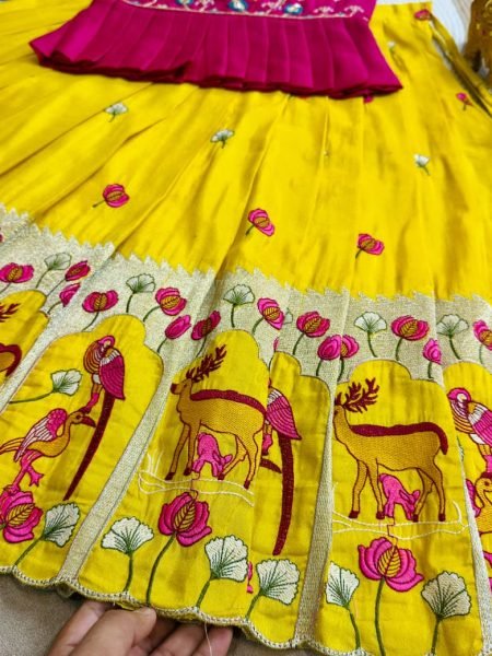 Flawless Yellow Kids Designer Peplum Lehenga Choli with Multi Thread Embroidery Girls Wear