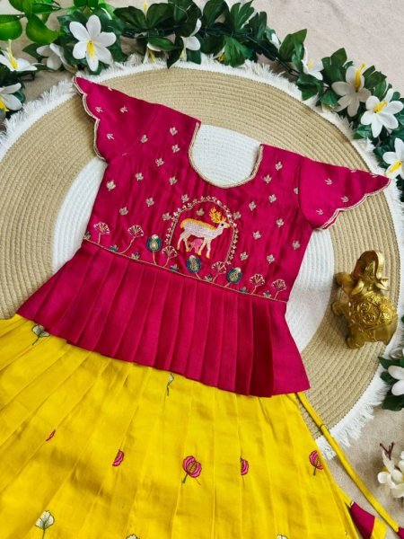 Flawless Yellow Kids Designer Peplum Lehenga Choli with Multi Thread Embroidery Girls Wear