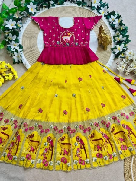 Flawless Yellow Kids Designer Peplum Lehenga Choli with Multi Thread Embroidery Girls Wear