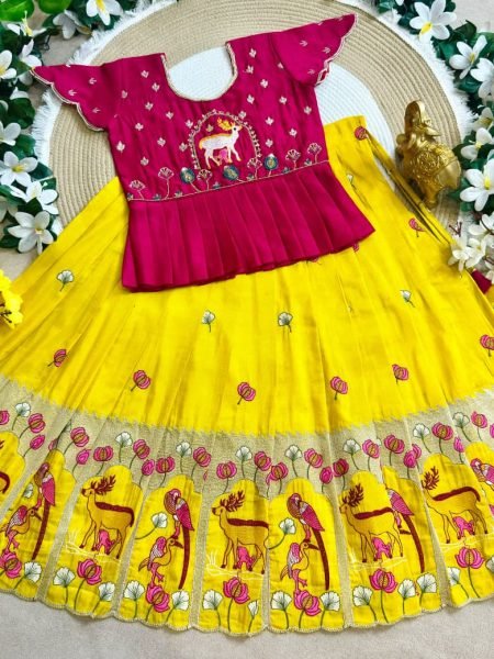 Flawless Yellow Kids Designer Peplum Lehenga Choli with Multi Thread Embroidery Girls Wear