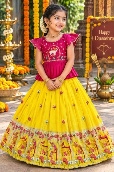 Flawless Yellow Kids Designer Peplum Lehenga Choli with Multi Thread Embroidery Girls Wear