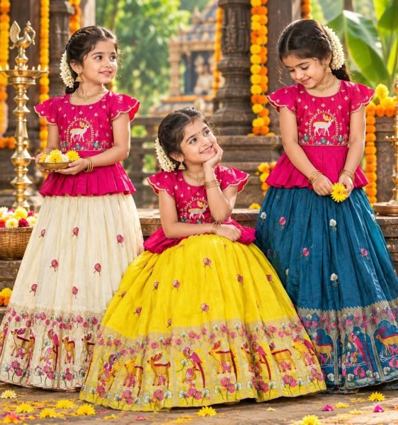 Flawless Yellow Kids Designer Peplum Lehenga Choli with Multi Thread Embroidery Girls Wear