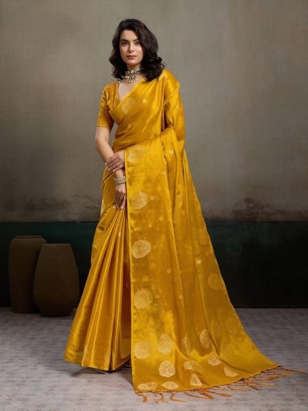 Flawless Yellow Zari Tissue Silk Traditional Saree with Unstitch Silk Blouse Sarees 