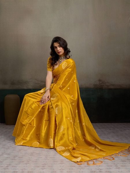 Flawless Yellow Zari Tissue Silk Traditional Saree with Unstitch Silk Blouse Silk Sarees Wholesale