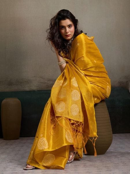 Flawless Yellow Zari Tissue Silk Traditional Saree with Unstitch Silk Blouse Silk Sarees Wholesale