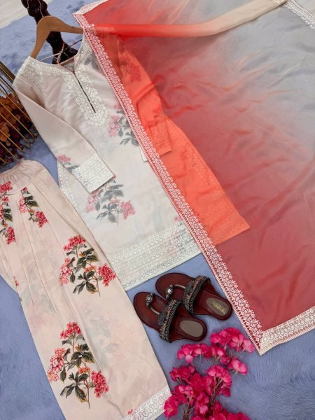 Floral Digital Print Farsi Palazzo Set with Embroidered Georgette Top &  Tabby Silk Dupatta Ready To Wear Collection