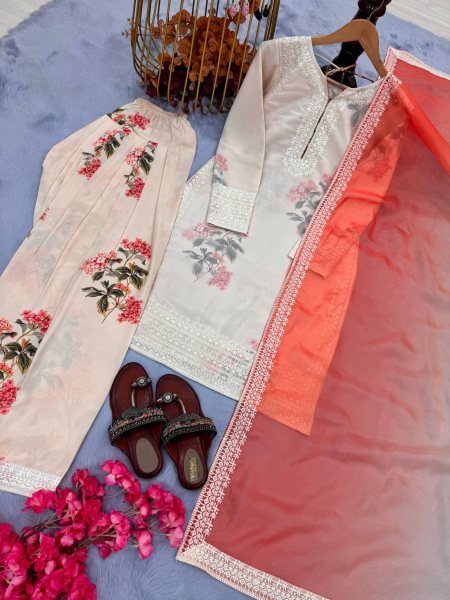 Floral Digital Print Farsi Palazzo Set with Embroidered Georgette Top &  Tabby Silk Dupatta Ready To Wear Collection