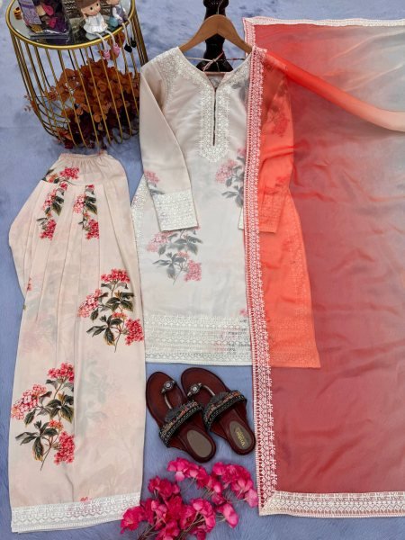 Floral Digital Print Farsi Palazzo Set with Embroidered Georgette Top &  Tabby Silk Dupatta Ready To Wear Collection