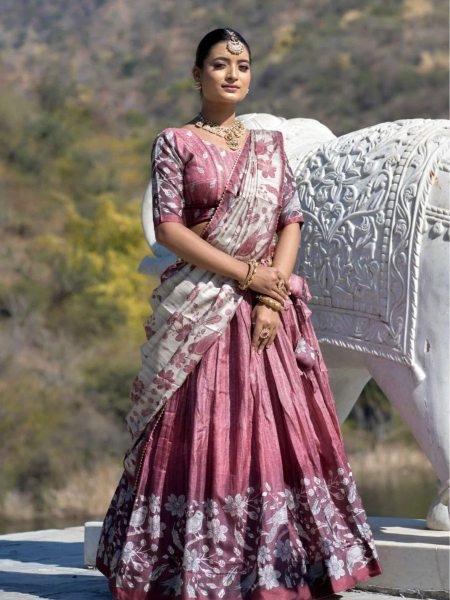 Floral Dream Pure Silk Lehenga Choli in Dusty Blue with Deep Pink Festive Dupatta  Lehenga