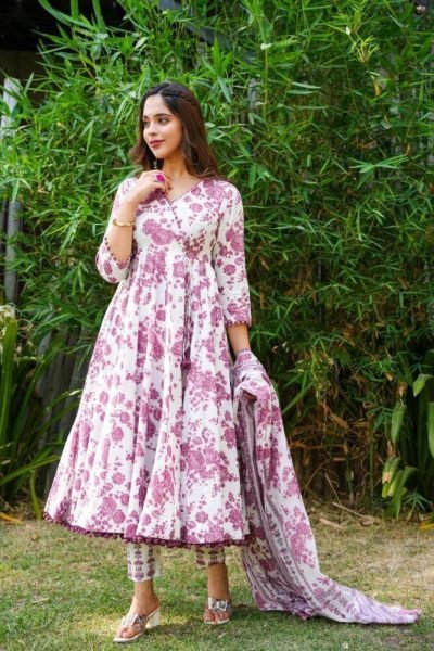 Floral Pom Pom Anarkali Kurti Set  3 Piece Kurti Set