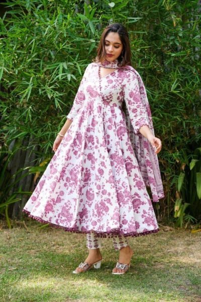 Floral Pom Pom Anarkali Kurti Set  3 Piece Kurti Set