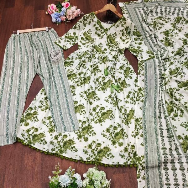 Floral Pom Pom Anarkali Kurti Set  3 Piece Kurti Set
