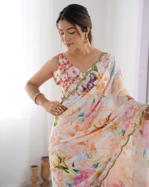 Attractive Floral Chinon Saree with Traditional Kutchi Mirror Lace & Matching Blouse Ethnic Designer Wear from Surat Designer Wedding Sarees Wholesale