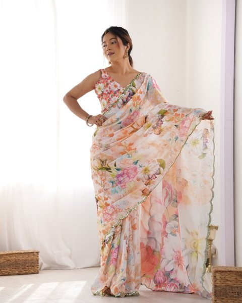 Attractive Floral Chinon Saree with Traditional Kutchi Mirror Lace & Matching Blouse Ethnic Designer Wear from Surat Designer Wedding Sarees Wholesale