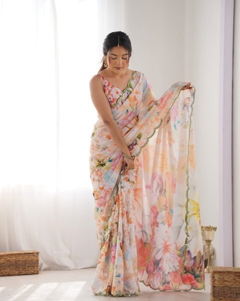Attractive Floral Chinon Saree with Traditional Kutchi Mirror Lace & Matching Blouse Ethnic Designer Wear from Surat Designer Wedding Sarees Wholesale