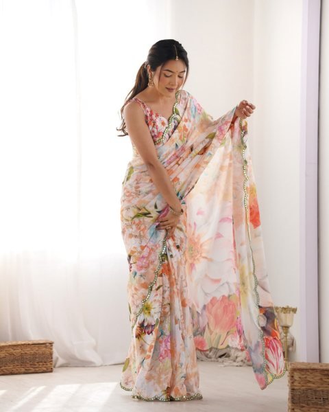 Attractive Floral Chinon Saree with Traditional Kutchi Mirror Lace & Matching Blouse Ethnic Designer Wear from Surat Designer Wedding Sarees Wholesale