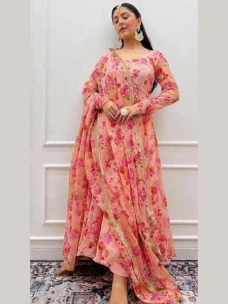 Floral Print Full Flared Anarkali Long Flared Peach Kurtis with Dupatta Readymade Anarkali set Anarkali Kurtis 