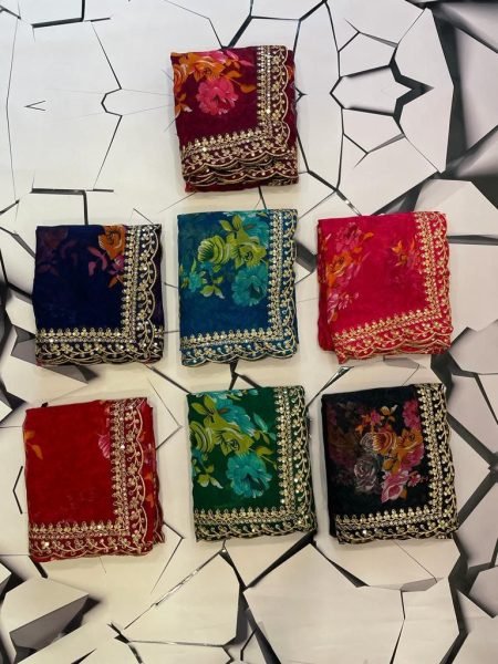 Floral Print Georgette Chiffon Saree with Foil Work   Satin Blouse At Manufacturing Rate Georgette Sarees Wholesale