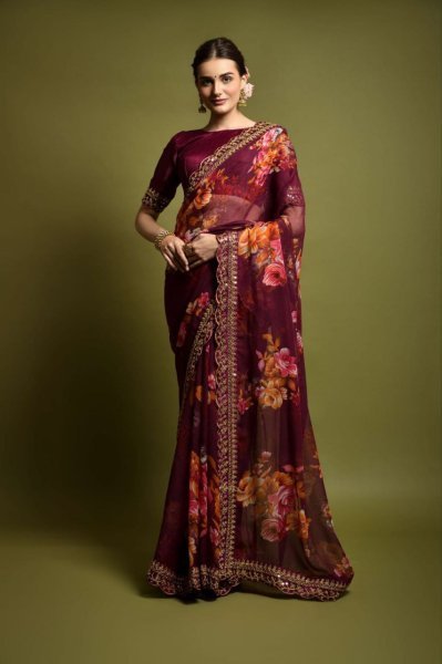 Floral Print Georgette Chiffon Saree with Foil Work   Satin Blouse At Manufacturing Rate Georgette Sarees Wholesale