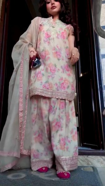 Floral Print Georgette Farshi Palazzo Set with Tabby Silk Dupatta Elegant Partywear Ready To Wear Collection