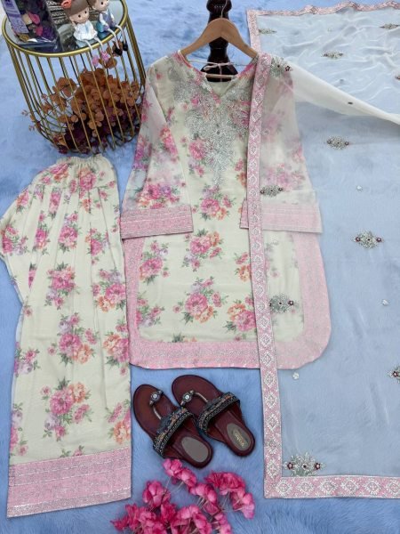 Floral Print Georgette Farshi Palazzo Set with Tabby Silk Dupatta Elegant Partywear Ready To Wear Collection