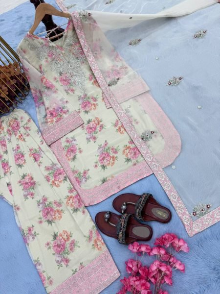 Floral Print Georgette Farshi Palazzo Set with Tabby Silk Dupatta Elegant Partywear Ready To Wear Collection