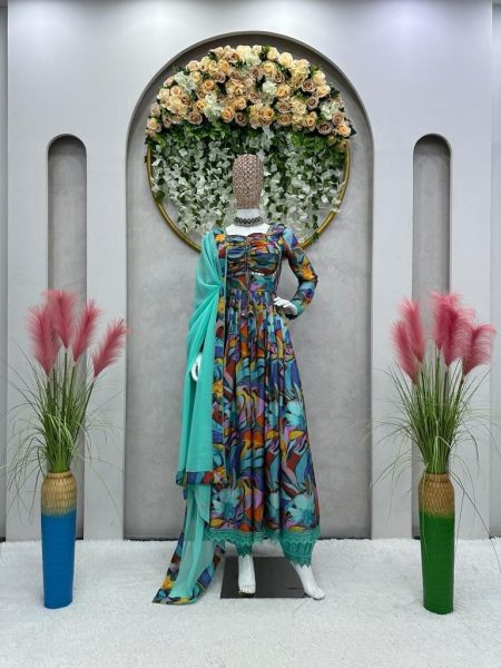 Floral Printed Chinon Nyra Cut Suit With Pants Anarkali Kurtis 
