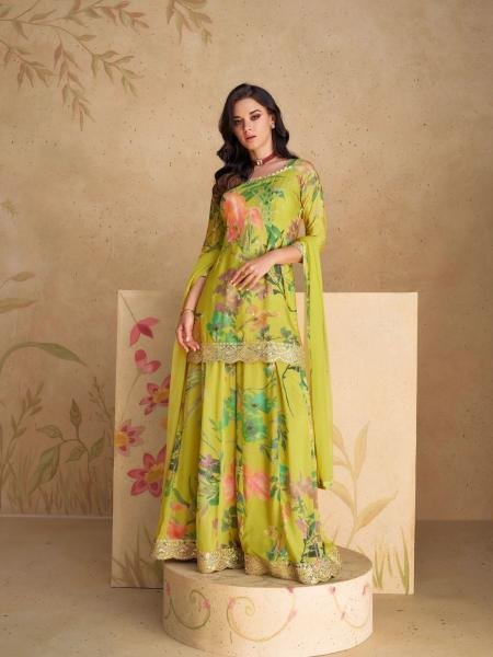 Floral Printed Lime Green Chinon Silk Sharara Suit with Embroidery Work And Net Dupatta Wholesale Printed Salwar Kameez 