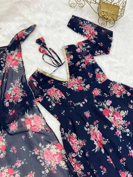 Floral Printed Soft Georgette Kurti & Dupatta With Fancy Lace Work  Kurti With Dupatta Wholesale