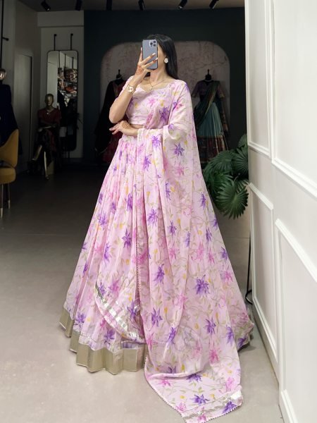 Floral Printed Tabby Silk Half Saree Bridesmaid Lehenga Choli Half Saree Lehenga