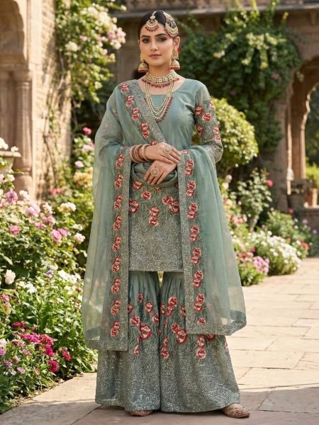 Floral Soft Sage Green Silk Sequence Work Suit with Flowy Sharara with Heavy Dupatta And Modern Touch Ready To Wear Suit