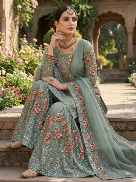 Floral Soft Sage Green Silk Sequence Work Suit with Flowy Sharara with Heavy Dupatta And Modern Touch Ready To Wear Collection