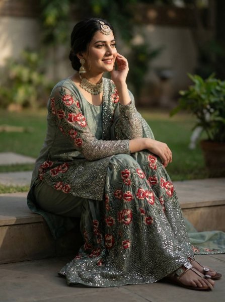 Floral Soft Sage Green Silk Sequence Work Suit with Flowy Sharara with Heavy Dupatta And Modern Touch Ready To Wear Collection