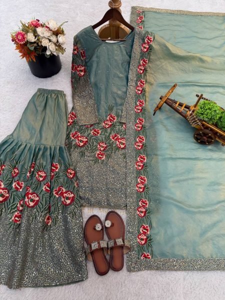 Floral Soft Sage Green Silk Sequence Work Suit with Flowy Sharara with Heavy Dupatta And Modern Touch Ready To Wear Collection