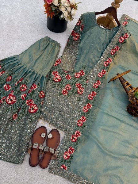 Floral Soft Sage Green Silk Sequence Work Suit with Flowy Sharara with Heavy Dupatta And Modern Touch Ready To Wear Collection