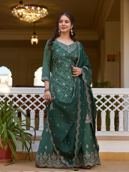 Floral Spark Heavy Chinon Palazzo Set with Embroidery  &  Sequin Detailing Ready To Wear Suit