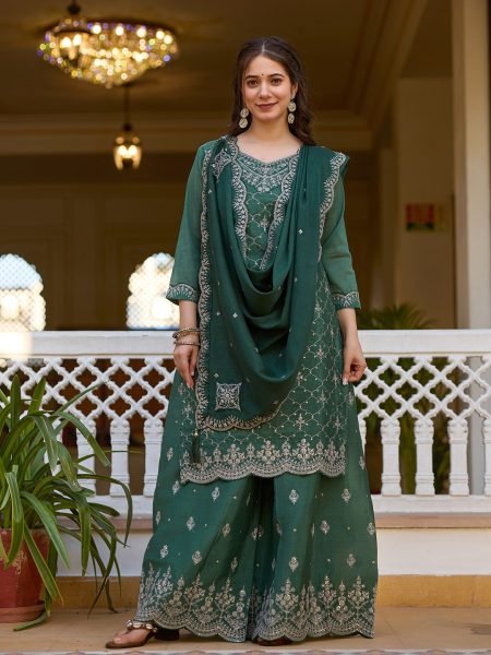 Floral Spark Heavy Chinon Palazzo Set with Embroidery  &  Sequin Detailing Ready To Wear Collection
