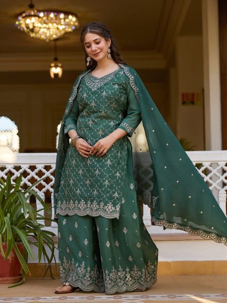 Floral Spark Heavy Chinon Palazzo Set with Embroidery  &  Sequin Detailing Ready To Wear Collection