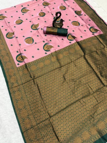 Floral Woven Banarasi Saree With Contrast Green Border Soft Silk Look Banarasi Saree Wholesale