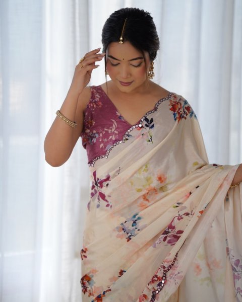 Flower Design Digital Chinnon Saree with Contrast Mirror Lace Trendy Floral Fashion at Factory Price  Designer Wedding Sarees Wholesale