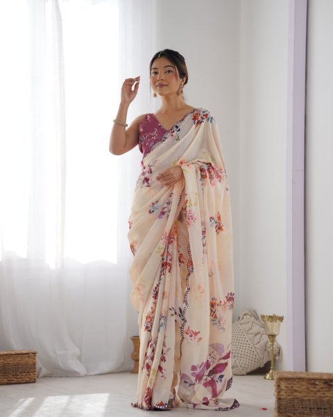 Flower Design Digital Chinnon Saree with Contrast Mirror Lace Trendy Floral Fashion at Factory Price  Designer Wedding Sarees Wholesale