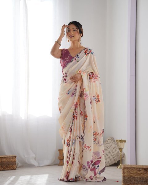 Flower Design Digital Chinnon Saree with Contrast Mirror Lace Trendy Floral Fashion at Factory Price  Designer Wedding Sarees Wholesale